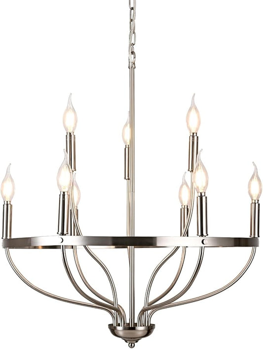 Modern Brushed Nickel Chandeliers Farmhouse Candle 9-Lights Dining Room Light Fixture Industrial Ceiling Hang Light Fixture for Kitchen Living Room Entryway