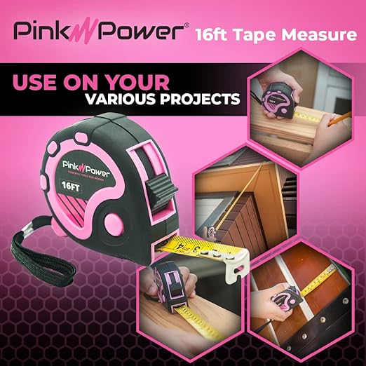 Pink Power 16ft Pink Tape Measure - Measuring Tape for Women's Tool Kit with Retractable Blade and Lock Button - Girls Measuring Kit - Lightweight Measurement Tool