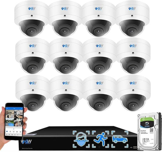 GW Security 16 Channel 12MP NVR UltraHD 4K Face/Human/Vehicle Detection PoE Security Camera System with 12 x 8MP IP Microphone AI Dome Camera, 100ft Night Vision, Waterproof Surveillance Camera
