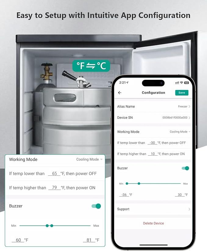 Reptile Thermostat Outlet Plug, Bluetooth Temperature Controller with 90DB Loud Alarm for Terrarium Heat Mat, Greenhouse, Homebrew Fermenter, Incubator, 100-240V 10A 1100W Support