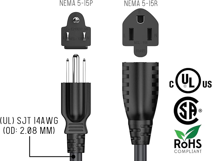 CableLeader 3ft NEMA 5-15P to 5-15R Heavy Duty Power Extension Cord, 14AWG SJT 15A/125V, Outlet Extension Power Cable, NEMA 5-15R to NEMA 5-15P AC Power Cord, UL Listed, Black