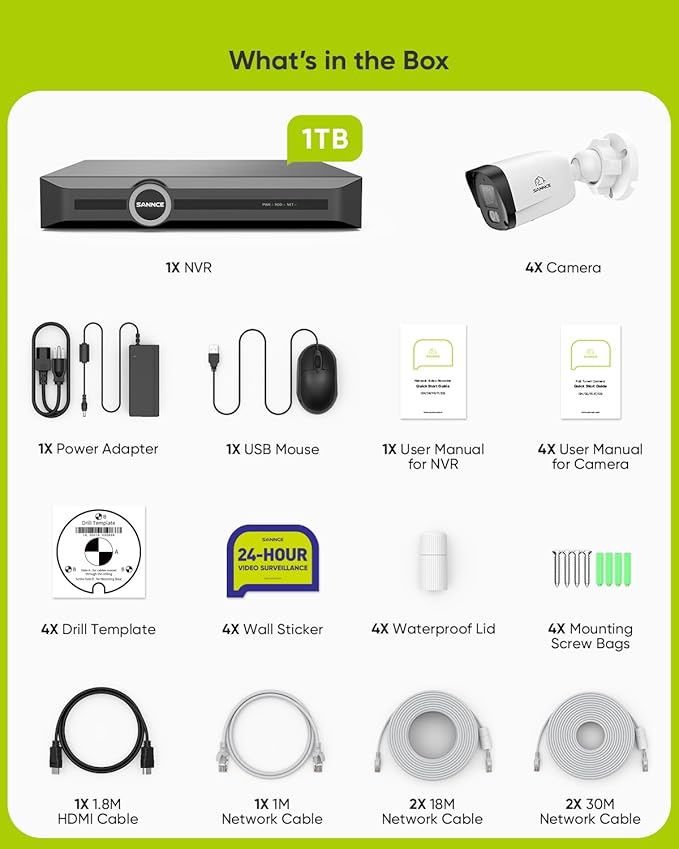 SANNCE 8CH 6MP Surveillance NVR System with 4PCS 2K 3MP HD Weatherproof Cameras with H.265 Video Compression, Smart IR LED, APP Push Alert, Remote Access (with 1TB HDD)