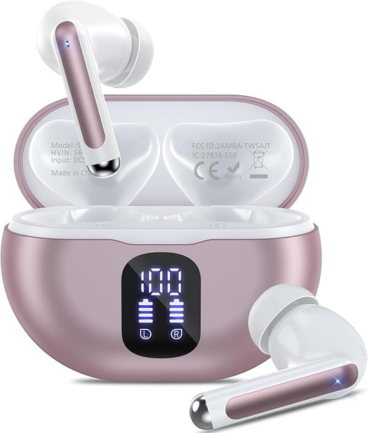 Bluetooth Headphones True Wireless Earbuds 50H Playback LED Power Display Earphones with Wireless Charging Case IPX7 Waterproof in-Ear Ear buds with Mic for Smart Phone Computer Sports, Rose Gold