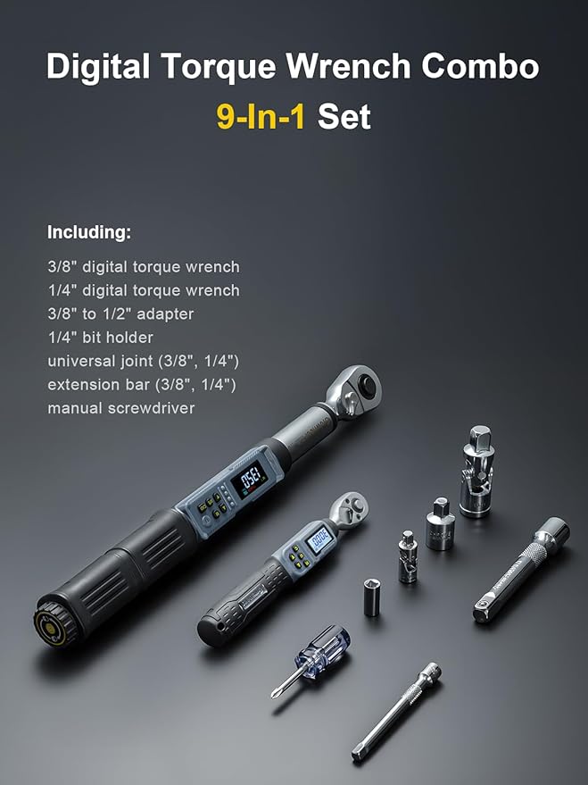 GROWNEER Digital Torque Wrench Set, 1/4" Drive 1.1-22.1 Ft-lbs/1.5-30Nm & 3/8'' Drive 7.38-147.5 Ft-lbs/6.8-135Nm Electronic Torque Wrench Combo with Buzzer & LED Indicator for Motor Car Repair