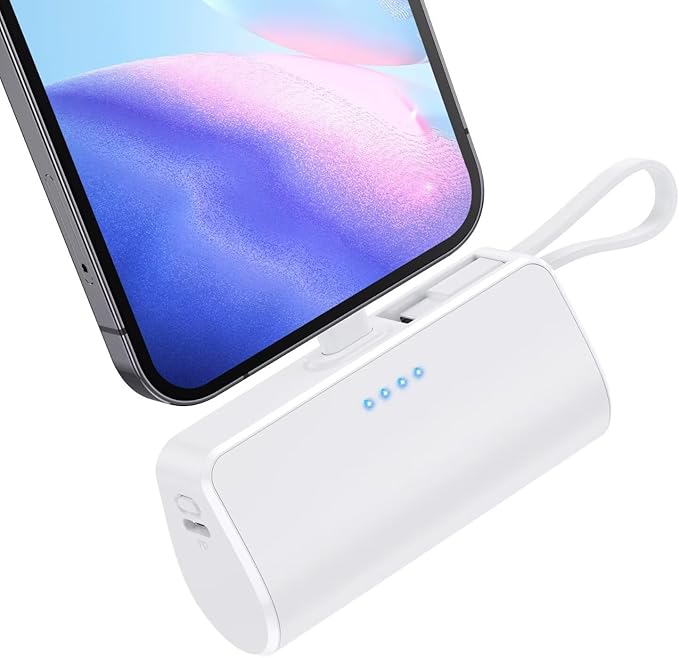 Mini Portable Charger for iPhone with Built-in Type-C Cable, 5200mAh Ultra-Compact Power Bank, PD 20W Fast Charging Battery Pack Phone Charger for iPhone 16/15/14/13, Samsung, Google, Android (White)