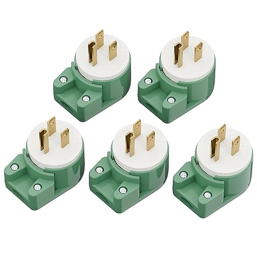 USA Canada 90 Degree 15A 125V 3Pin Right Angle Nema 5-15P Angled Rewireable AC Plug - 5 Pack, Green
