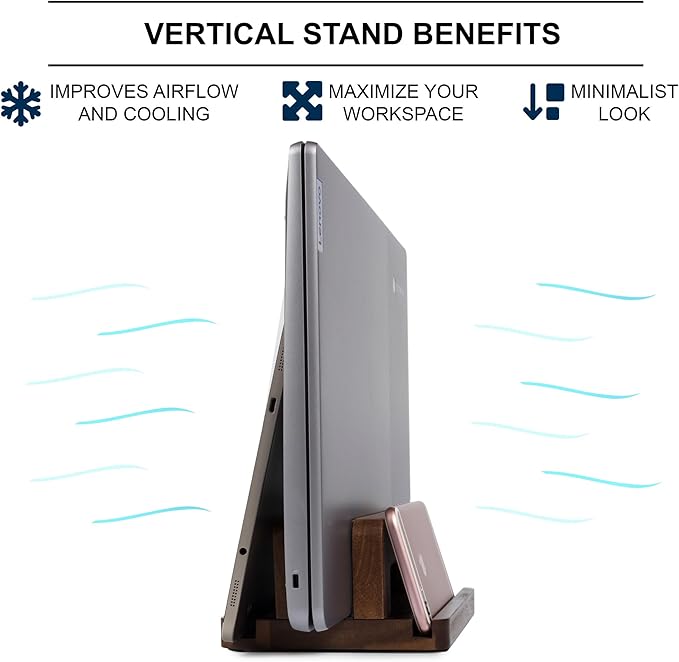 S&A WOODCRAFT 3 Slots Acacia Wood Vertical Laptop Stand, Adjustable Wooden Laptop Holder, Non-Slip Laptop Dock Compatible with Apple MacBook, Microsoft Surface, Gaming Laptops, IPad, Tablets