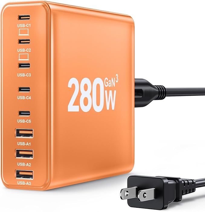 280W USB C Charger Block, 8-Port USB C Charging Station GaN III PD 65W Laptop Charger Adapter Compatible with MacBookPro/Air,DELL,iPad,Portable Charging Station for iPhone,Samsung Galaxy(Orange)