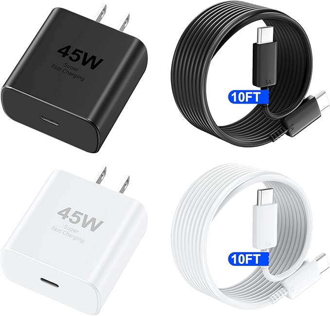 Phone 16 Pro Max Charger Fast Charging, 45W USB C Phone 16 Super Fast Charger Block with 10ft Long Type C Charging Cable Cord for Phone 16/16 Pro/16 Pro Max/16 Plus, 15/15 Pro Max/Pro/Plus-White+Black