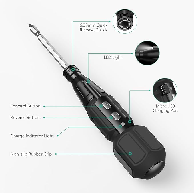 ORIA Electric Screwdriver Cordless, Rechargeable Power Screwdriver Set, Portable Repair Screwdriver Kit with LED Lights, Charging Cable, Bit Holder for Electronics, Toys, Glasses, Black