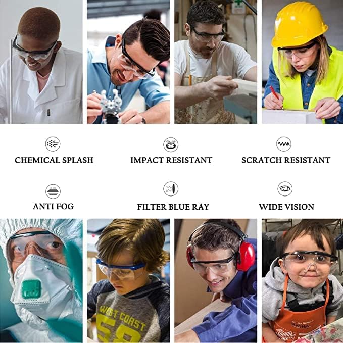 5 PACK Safety Glasses Goggles, Men Women Anti-fog Wide Vision Safety Goggles Eye Protection, Z87 UV 400 Blocking Eyewear Adjustable Temples Eye Shied for Lab,Yard work, Gardening, Lawn mowing