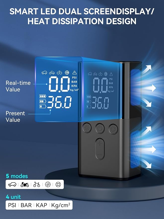 Tire Inflator Portable Air Compressor 150PSI Air Pump for Car Tires with LED Light, Digital Multifunctional Electric Cordless Tire Inflator for Car Motorcycle Bike and More