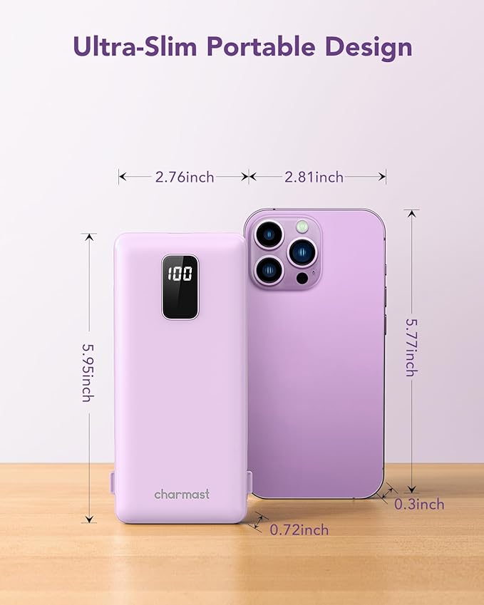 charmast Portable Charger with Built-in Cables & Wall Plug, 10000mAh Portable Power Bank, External Battery Pack Travel Essentials Compatible with iPhone 16/15/14/13, Samsung, iPad etc