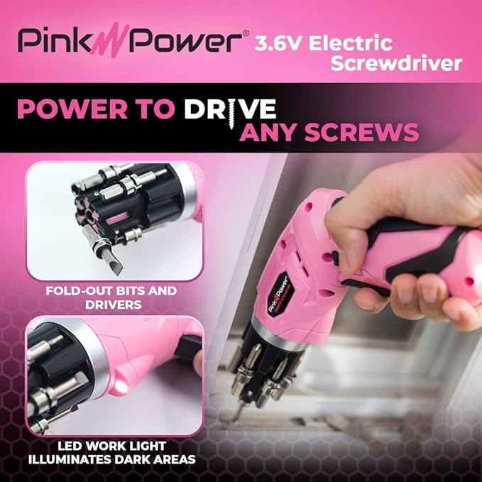 Pink Power Electric Screwdriver Cordless Mini Drill Set - 4V Rechargeable Pink Cordless Screwdriver Set for Women w Bubble Level LED Light - Small Screw driver with Pivotal Handle and Fold-Out Bits