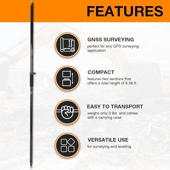 Carbon Fiber 2M 2Section Survey Pole–GPS Rover Rod 6.5FT/2M 2Sections Design for Land Surveying & Engineering – RTK GPS/GNSS Accessory –Includes Level Vial & Carrying Bags (GLS22-B)