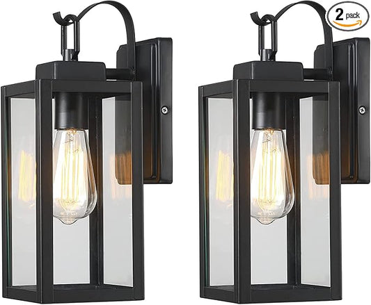 Pia Ricco Outdoor Wall Lights, Matte Black Exterior Light Fixture with Clear Glass Shade, Waterproof Front Porch Lighting, Modern Sconce Lantern for Outside, House, Garage, ETL Listed, Pack of 2