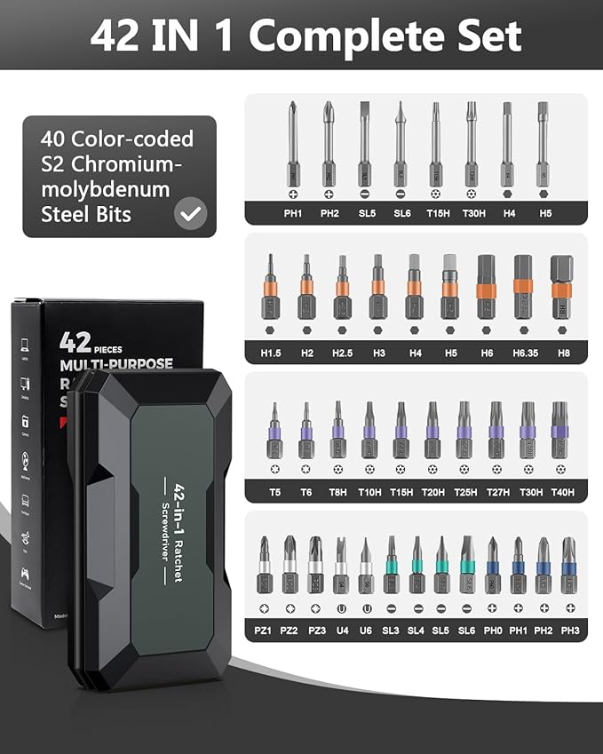AMIR Magnetic Screwdriver Set, Ratchet Screwdriver Set with 40 Precision Bits and Ratchet Handle, 42-in-1 DIY Repair Tool Kit for Home Improvement, Electronics, Computers, Bicycles Repair