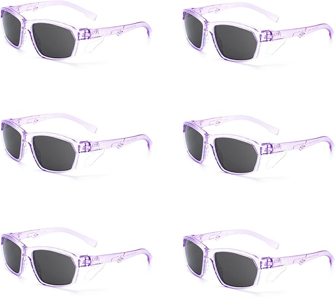 ProtectX Stylish Anti-Fog & Scratch-Resistant Safety Glasses With Readers, UV Protection Goggles, Anti-Impact Lightweight Glasses for Men＆Women Lilac Tinted Smoke - 6 Pack
