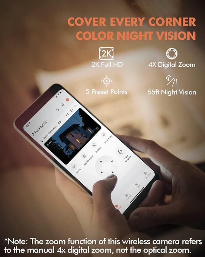 Dzees Solar Security Cameras Wireless Outdoor, 2K Battery Powered Security Camera, 360° PTZ Camera with Spotlight, Siren, Color Night Vision, AI Dectection, IP66 for Home Security, 2.4GHz 4-Pack