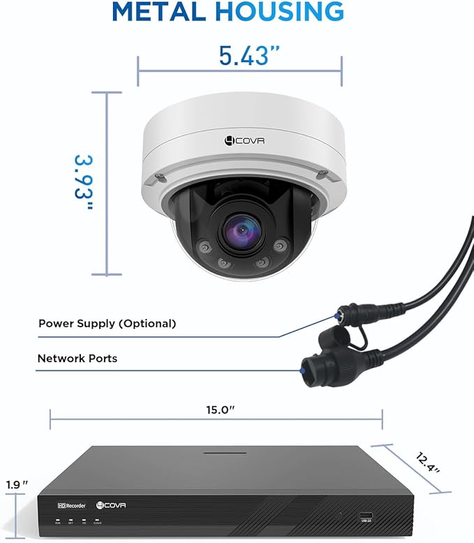 4COVR PoE AutoFocus 32 Channel Security Camera System AI Person Vehicle Detection, 24x 8MP 5X Optical Motorized Zoom IK10 Vandal-Proof Dome IP Camera IP67 with Mic, 4K UHD NVR 8TB HDD, LY57BA8M3224