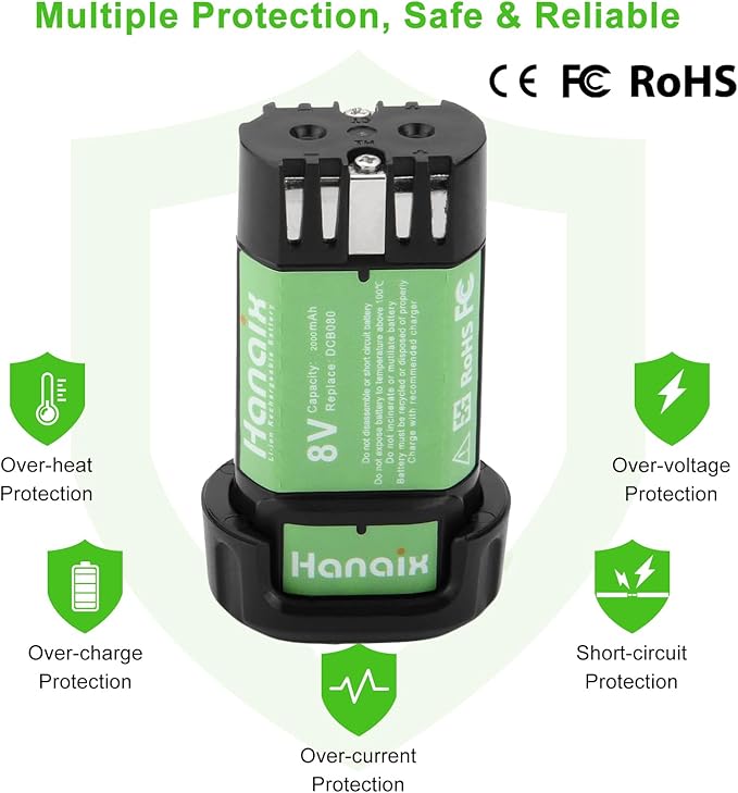 2000mAh Replacement for Dewalt 8V Battery DCB080 DW4390 DCF680 DCF680N1 DCF680N2 DCF680G2 DCF682 DCL023 DCB095