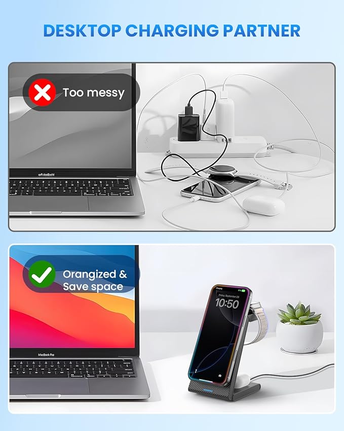 Wireless Charger Magnetic for Apple Devices - JoyGeek 3 in 1 Foldable Charging Station for Magsafe Compatible with iPhone 16 15 14 13 12 Pro Max Plus, Apple Watch 10 9 8 7 6 5 4 SE, AirPods 4/3/2/Pro