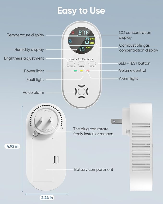 5-in-1 Carbon Monoxide Detectors, Natural Gas Leak Detector, Plug-in & Battery Backup Co Detector, HD Digital Display, CO Gas Temp Humidity Sensor, 1-Pcs, White