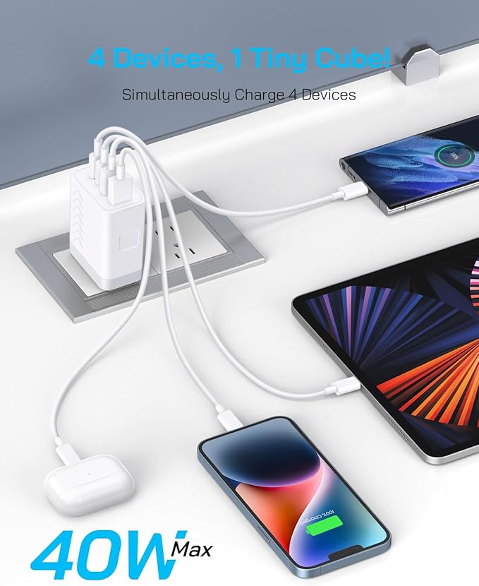 40W USB C Charger Block | 4-Port Fast Charging Blocks (2 USB-C + 2 USB-A) | PD3.0/QC3.0 Compact Wall Charger for i Phone 16/15/14/13/12/11/X/8, Galaxy S25/S24/S23/S22, i Pad, Air Pods & More (2-Pack)