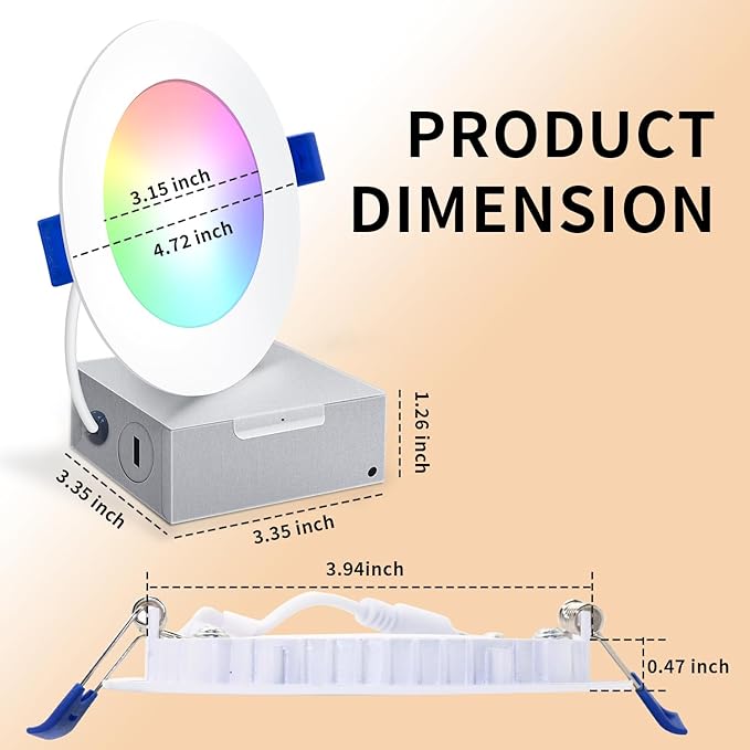 Peteme Smart LED Recessed Lighting 4 Inch, IC Rated ETL Certified Canless Recessed Ceiling Light RGBCW Color Changing Slim Downlight for Outdoor Soffit, Work with J-Box for Alexa, 10W 800LM 6Pcs