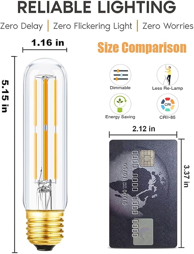 Leools T10 Led Bulb,Dimmable Tubular Vintage LED Edison Bulbs 6W,Equivalent 60 Watt,600LM,Warm White 2700K,Clear Glass,E26 Base Bulb, for Cabinet Display Cabinet etc,3 Pack.