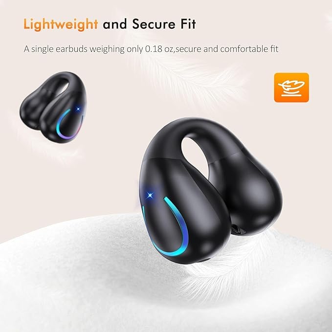 Clip On Earbuds, Wireless Bluetooth 5.3 Lightweight Comfort Bone Conduction Open Ear Headphones with LED Digital Display Charging Case Sport Built-in Mic IPX7 Waterproof for Running Fitness, Black