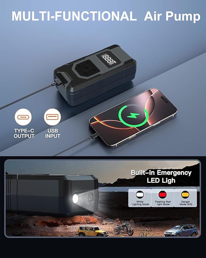 Tire Inflator Portable Air Compressor - 4X Faster Inflation Cordless Mini Air Pump with Digital Pressure Gauge with Digital Pressure Gauge/LED Light Portable Tire Inflator for Car/Moto/Bike/Ball etc.