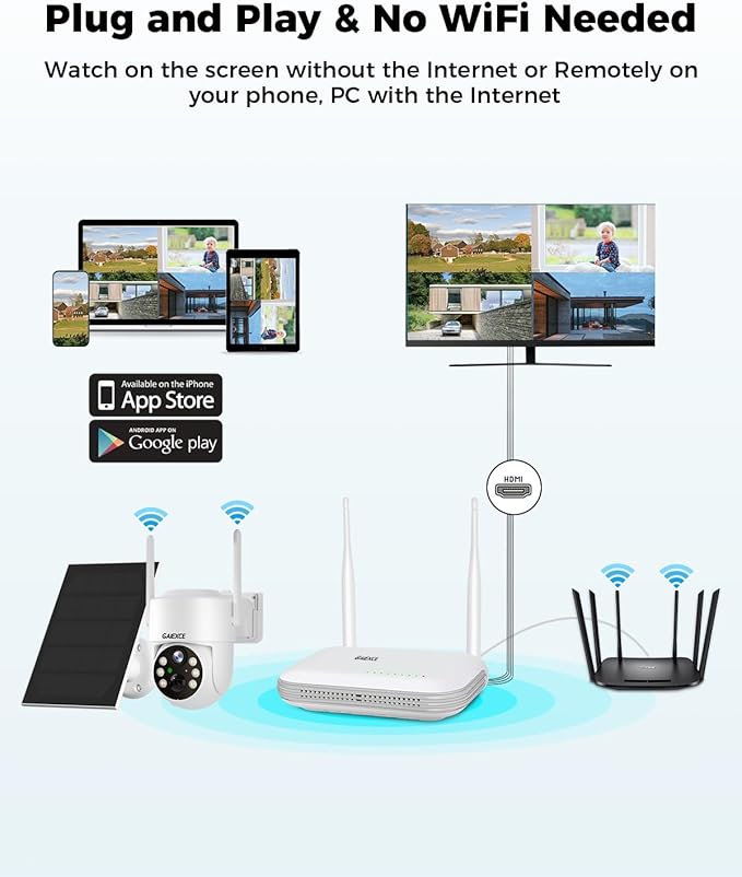 Wireless Solar Camera System Outdoor, 2PCS 4MP Home Battery Camera with 500GB HDD, 【No Monthly Fee】, Pan Tilt 360° View, PIR Motion Detection, Color Night Vision, IP66, 2-Way Audio