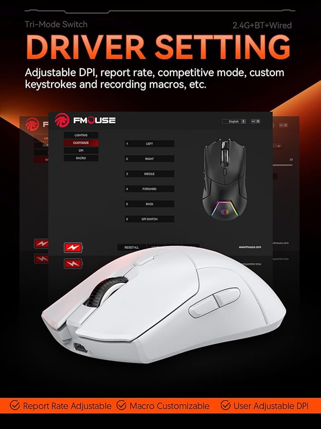 White Wireless Gaming Mouse, Tri Mode (2.4G/Bluetooth/Wired), PAW3311 Sensor, 12,000 DPI, 1,000Hz, 6 Programmable Buttons, USB C Rechargeable, Ergonomic Gamers Optical Mice for PC/Laptop/Mac