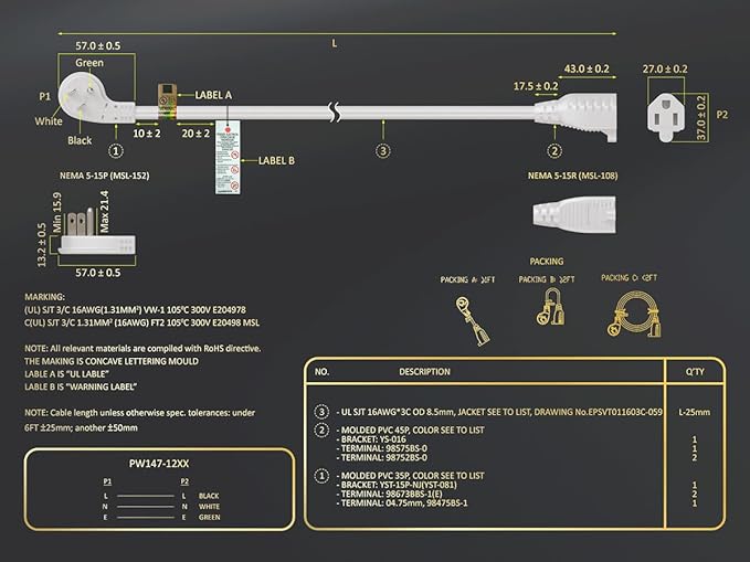CableLeader Ultra Low Profile Power Extension Cord Cable NEMA 5-15P to NEMA 5-15R, UL Listed (Light White Gray, 3ft)