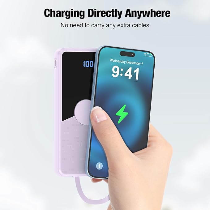 Portable Charger with Built in Cables,High Speed Power Bank 10000mAh Travel Battery Pack 5 Outputs 3 Inputs Portable Phone Charger Backup Battery for iPhone, Samsung, iPad,Tablets (Purple)