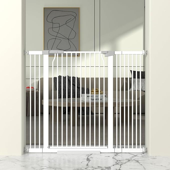 41" Extra Tall Cat Gate for Doorway, 40.6-49.1'' Metal Pet Baby Safe Gate, Extra Wide Pressure Mounted Child Door with Expansion Kit, No Drilling Cat Fence Indoor, Tall Dog Gate, White