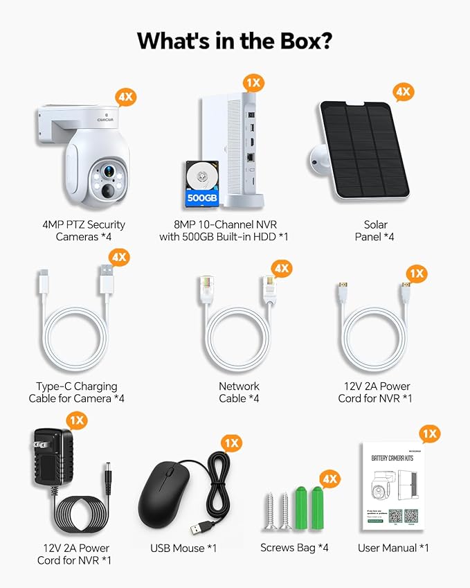Camcamp Solar Security Cameras Outdoor Wireless, 4MP Security Camera System for Home, Solar-Powered 4 Cam-Kit, 2.4G & 5G WiFi, Color Night Vision, 360° Pan & Tilt, 10CH NVR 500GB HDD, No Subscription