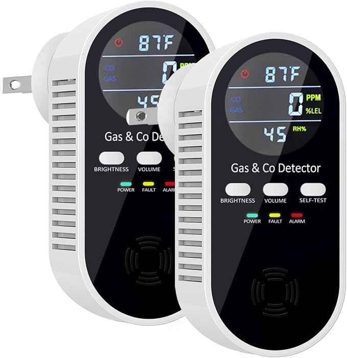 2 Packs Combination Gas & Carbon Monoxide Detectors Plug in, 5-in-1 Natural Gas Detector & Carbon Monoxide Alarm with Temperature (°F) and Humidity, CO Detector with Built-in 9V Battery for Home, RV
