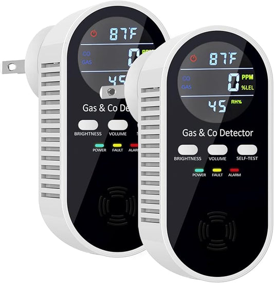 2 Packs Combination Gas & Carbon Monoxide Detectors Plug in, 5-in-1 Natural Gas Detector & Carbon Monoxide Alarm with Temperature (°F) and Humidity, CO Detector with Built-in 9V Battery for Home, RV