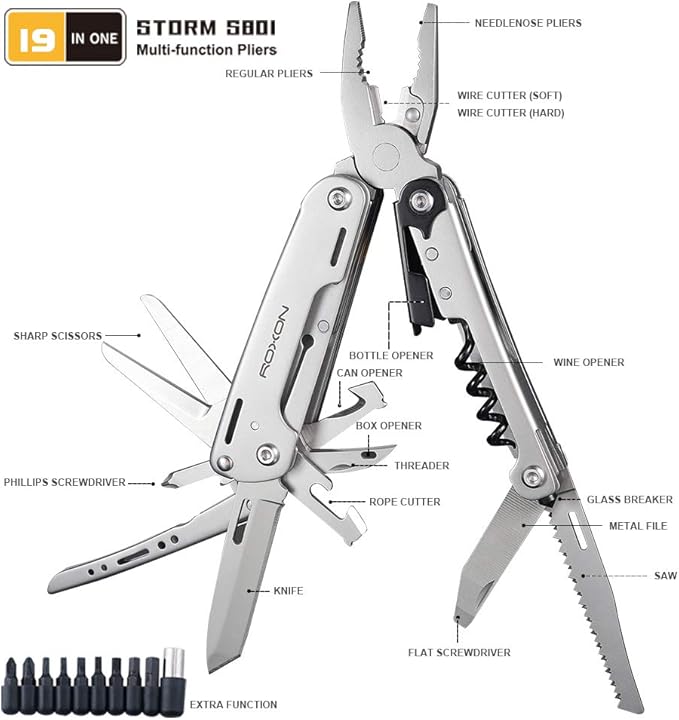 ROXON S801S STORM 19 in 1 multitool pliers EDC for Camping, Outdoor with Lockable Saw Blade with Nylon Case (S801S)