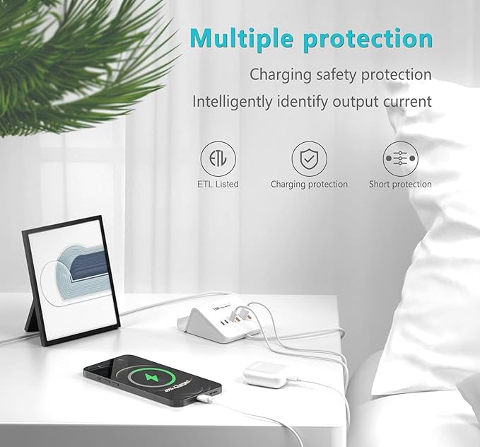 VHBW USB Charging Station, 6 Port 3USB-A and 3USB-C Charging Station for Multiple Devices, Multi USB Nightstand Charger Station with Phone Stand (ETL Listed, 6Ft Extension Cord, White)