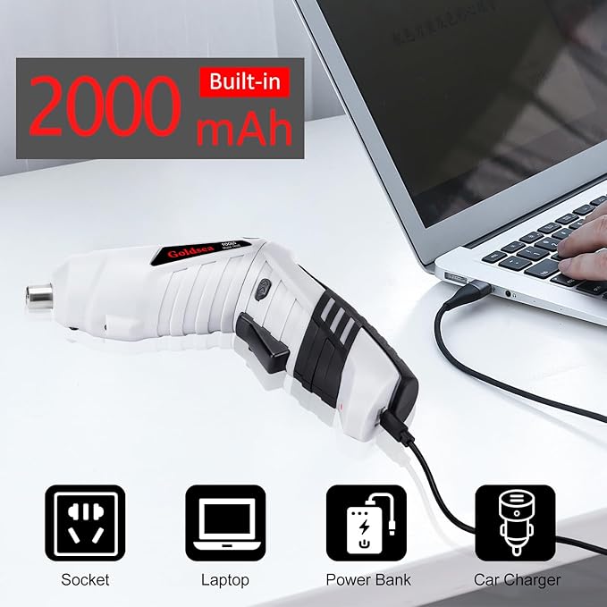 Electric Screwdriver Cordless, Goldsea Powered Screwdriver Set with 10 Magnetic Bits tool kit for college students,Portable Rechargeable Screw driver Tool Set for Dorm Home DIY(4.2v, 3.5n.m, White)