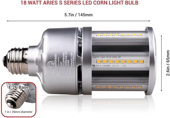 RuggedGrade Aries S Series 18W LED Corn Bulb | 2,430 Lumens | 3000K Warm White | E26 Base | Built-in 6KV Surge Protection | Indoor/Outdoor Retrofit Light | DLC 5.1 Premium
