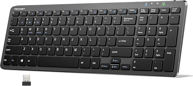 TECKNET Wireless Bluetooth Keyboard Rechargeable - Ultra Slim 2.4G+BT Keyboard with Number Pad, Multi Devices Easy Switch, Low Profile Compact Keyboards for iPad, Macbook, Laptop, Computer, Tablet, PC
