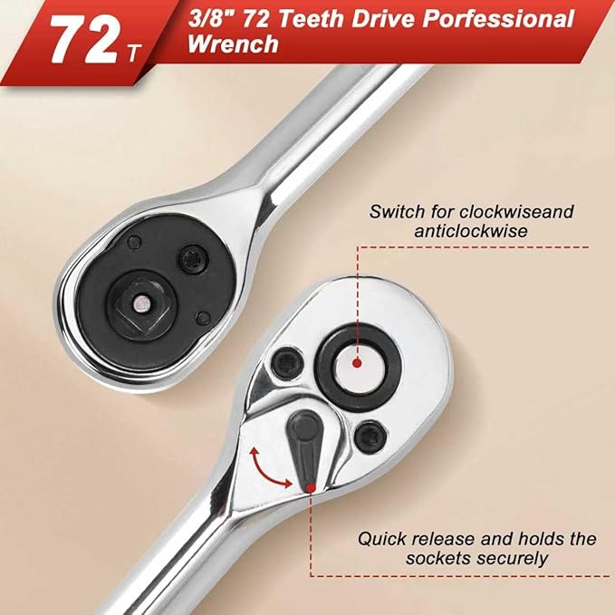 3/8” Drive Socket Set, 76 Pieces Ratchet Wrenches Set, Standard and Deep Metric (8 to 19mm)/SAE (5/16 to 3/4 inch) Size, with 72-Tooth Ratchet for Auto Repairing and Household, with Storage Case