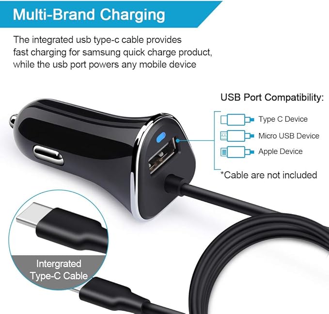 USB Type C Car Charger,Quick Charge 3.4A USB Car Adapter with 3ft Type C Charging Cable for Samsung Galaxy S23 Ultra S22 S21 S20 A10e A15 A14 A25 A54 A53 S10 S9 S8 Plus,Note 20/10,LG G8 G7 V40 V35 V60