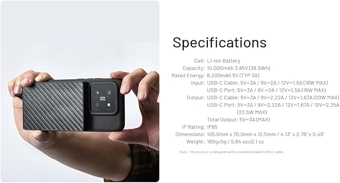 Nitecore Pocket 10000 Power Bank, 10000mAh Dual USB-C Ports for Phones, Flashlights, and Headlamps with Built-in USB-C Cable