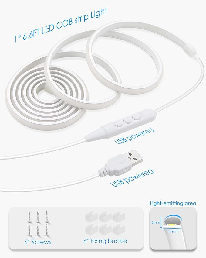 2M COB LED Rope Light Outdoor USB Powered 6.6FT 5V LED Light Strip with Dimmer Daylight White 6000K Dimmable 640LEDs/2M Waterproof IP67 Flexible LED Strip Light for Indoor Room TV Backlight