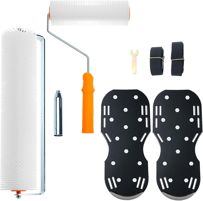 QWORK Multifunctional Self-Leveling Cement Tool Kit - Includes PE Rollers, Spiked Shoes, Anti-Slip